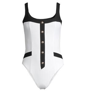 Balmain Bicolor Contrast Signature Button Front One Piece Swimsuit